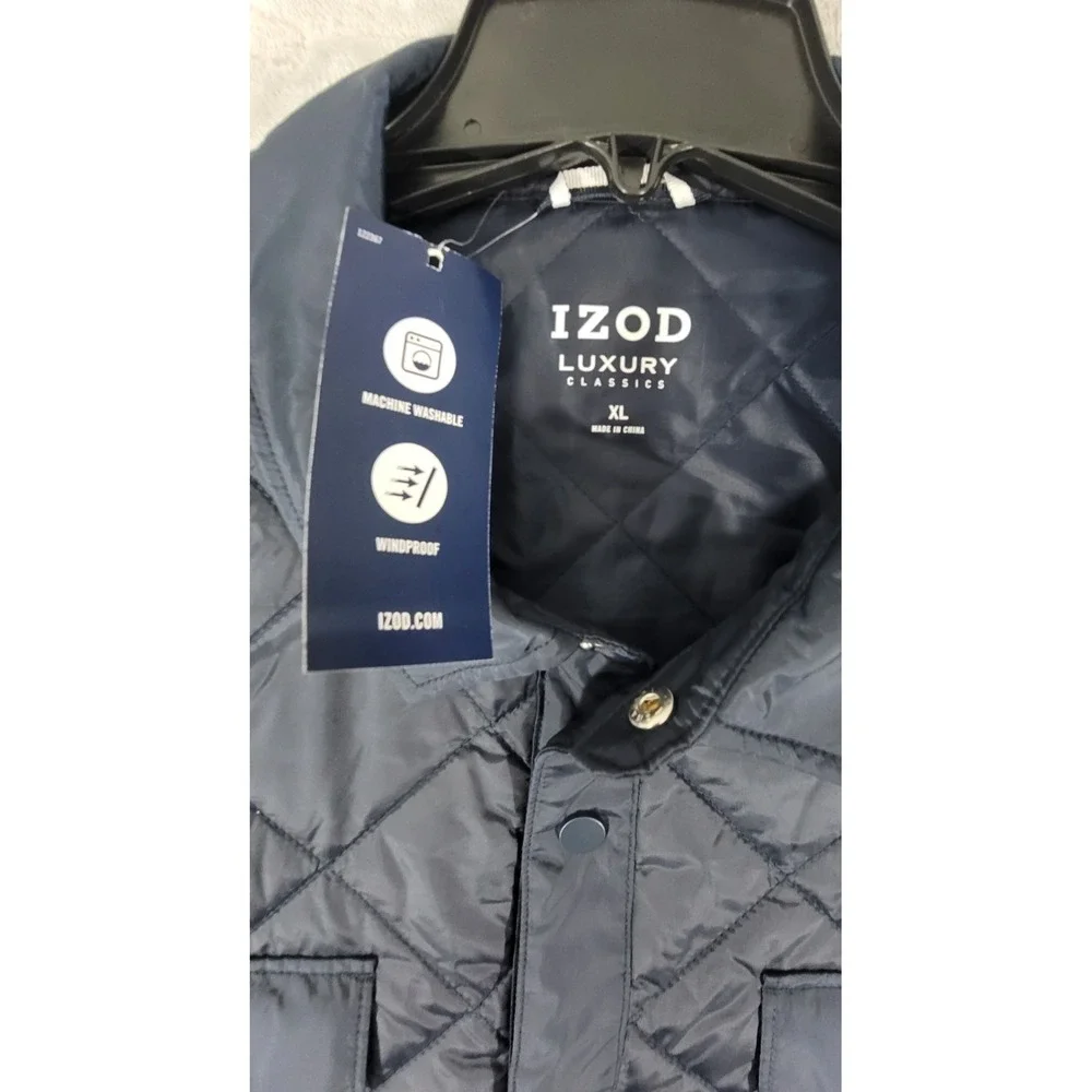 Izod Luxury Classics Men's XL Navy Blue Puffer Jacket Button Snaps Windproof NWT